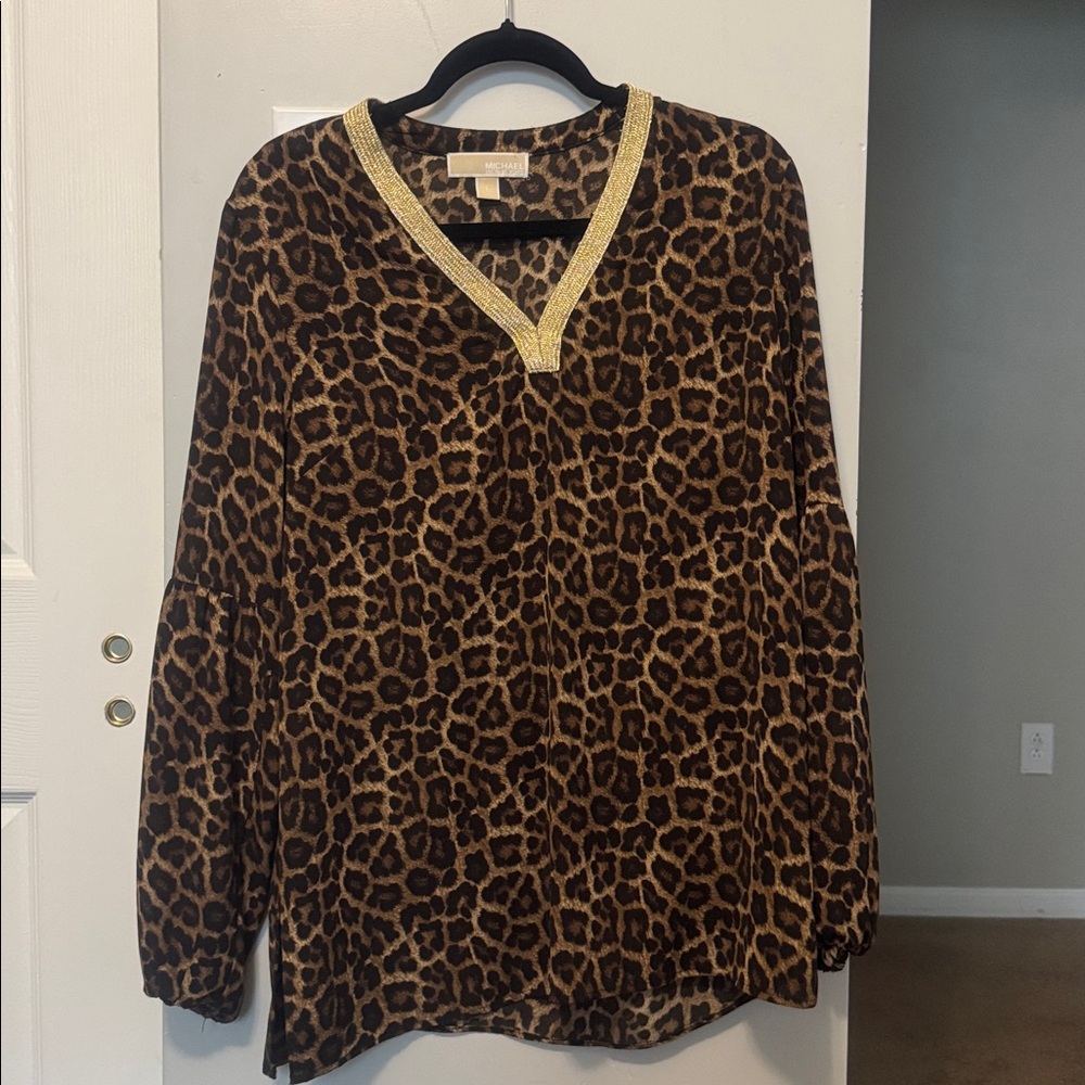 Michael Kors Brown Leopard Print Blouse with Gold Accents